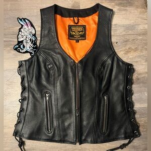 Milwalkee Black Leather Vest with Orange Lining patch included!